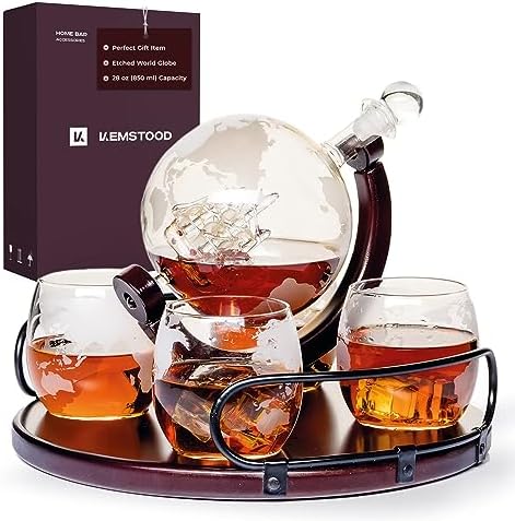 Globe Whiskey Decanter Set - + 2 Whisky Glasses On Rich Wood Classic